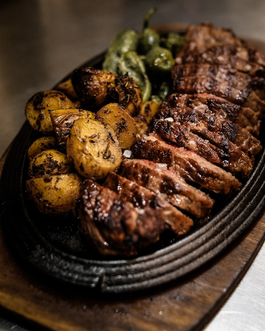 Grilled meat served with roasted vegetables